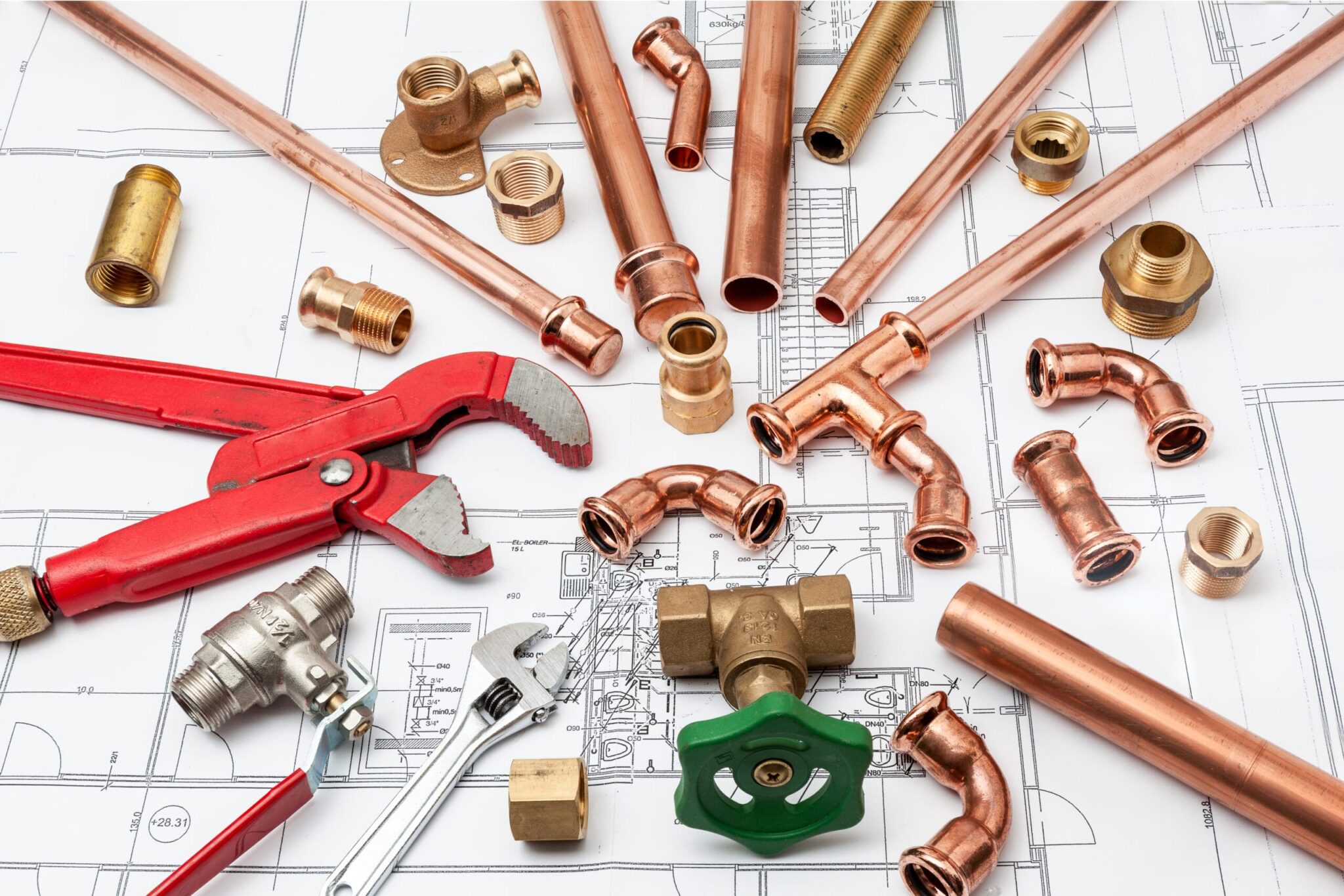 Copper pipes, fittings, valves, and plumbing tools in Ormond Beach