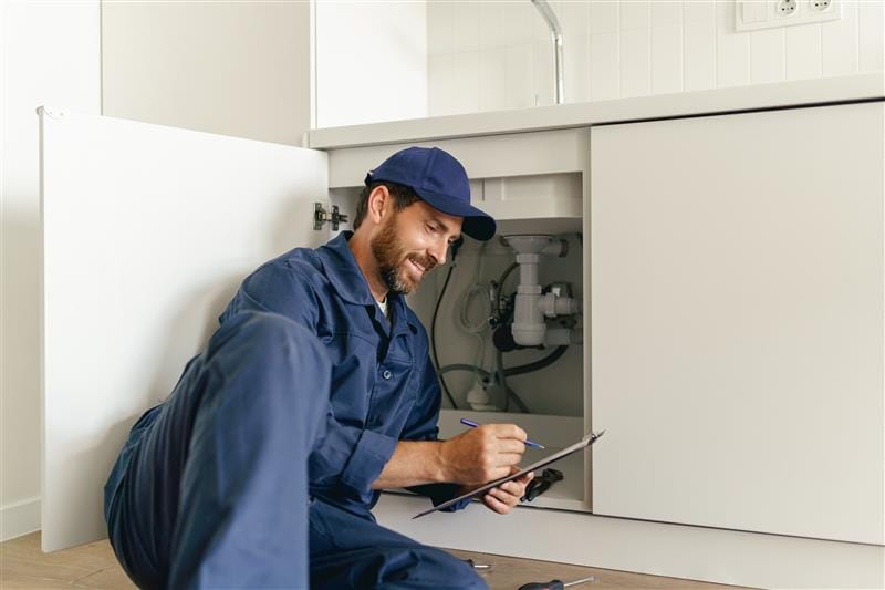 Residential plumber reviewing plumbing repairs in a Ormond Beach kitchen