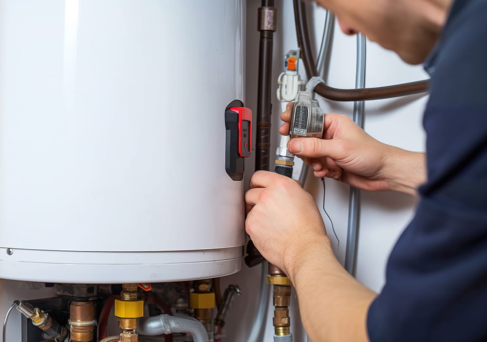 Technician repairing pipes connected to a water heater in Ormond Beach